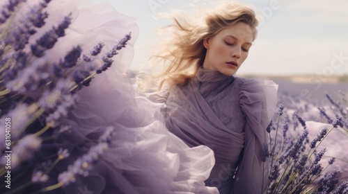 Art of Elegance, Sophisticated Couture Displayed in a Liminal Lavender Space under Dramatic Light, generative ai.	