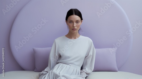 Art of Elegance, Sophisticated Couture Displayed in a Liminal Lavender Space under Dramatic Light, generative ai.	