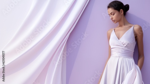 Art of Elegance, Sophisticated Couture Displayed in a Liminal Lavender Space under Dramatic Light, generative ai.	