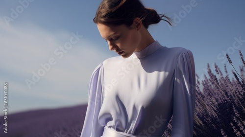 Art of Elegance, Sophisticated Couture Displayed in a Liminal Lavender Space under Dramatic Light, generative ai.	