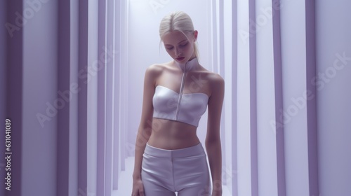 Art of Elegance, Sophisticated Couture Displayed in a Liminal Lavender Space under Dramatic Light, generative ai.	