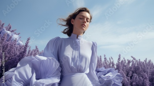 Art of Elegance, Sophisticated Couture Displayed in a Liminal Lavender Space under Dramatic Light, generative ai.	