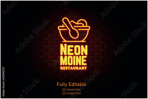 Glowing neon logo restaurant icon on a dark brick wall background. Light effect hot beverage or cafe sign. Vector illustration