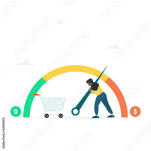 A business woman tries to keep the counter from the maximum values, regulates the growing inflation. The indicator shows high inflation, economic crisis. Flat modern vector illustration
