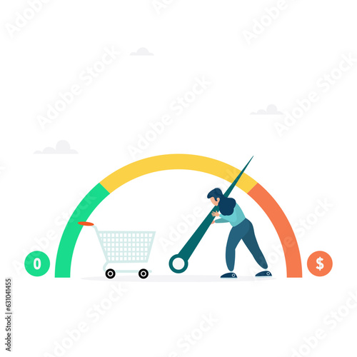 A business woman tries to keep the counter from the maximum values, regulates the growing inflation. The indicator shows high inflation, economic crisis. Flat modern vector illustration
