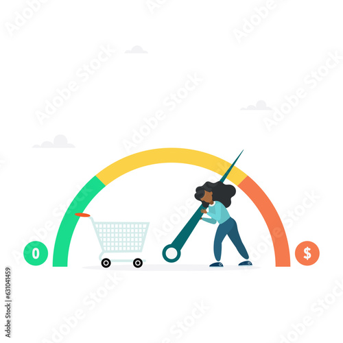 A business woman tries to keep the counter from the maximum values, regulates the growing inflation. The indicator shows high inflation, economic crisis. Flat modern vector illustration
