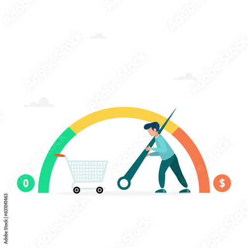 Businessman is trying to keep meter from maximum values, regulates rising inflation. Indicator shows high inflation, economic crisis. Flat modern vector illustration
