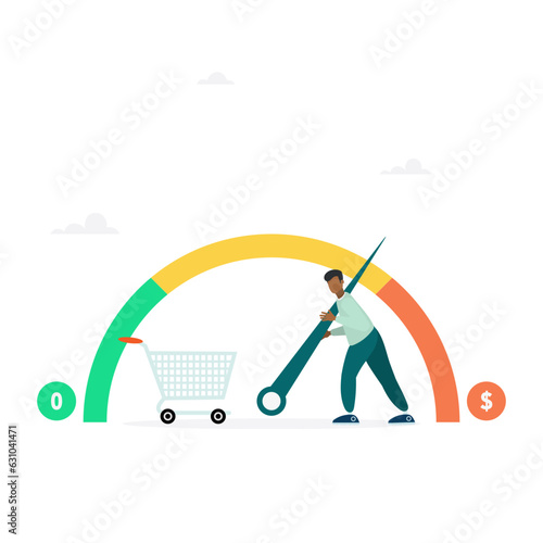 Businessman is trying to keep meter from maximum values, regulates rising inflation. Indicator shows high inflation, economic crisis. Flat modern vector illustration
