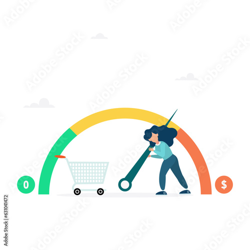 A business woman tries to keep the counter from the maximum values, regulates the growing inflation. The indicator shows high inflation, economic crisis. Flat modern vector illustration
