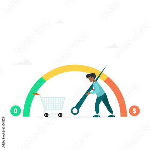 Businessman is trying to keep meter from maximum values, regulates rising inflation. Indicator shows high inflation, economic crisis. Flat modern vector illustration
