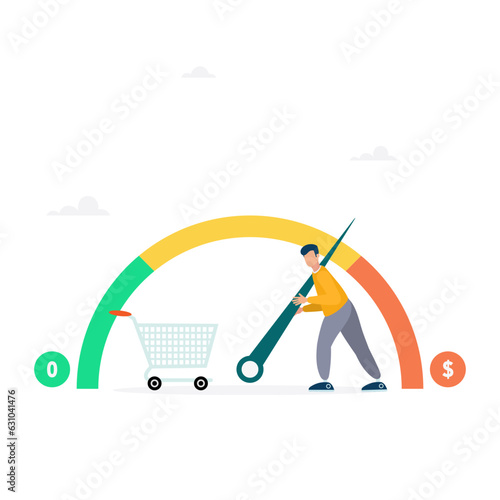 Businessman is trying to keep meter from maximum values, regulates rising inflation. Indicator shows high inflation, economic crisis. Flat modern vector illustration
