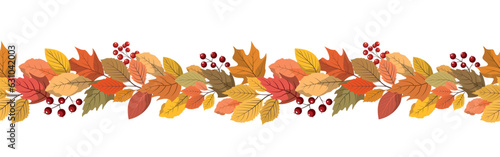 Autumn forest leaves and berries horizontal seamless border. Great design for Thanksgiving day, harvest holiday. Isolated on white background.