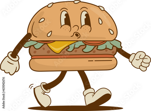 Retro cartoon funny burger character. Vintage street food hamburger, sandwich mascot vector illustration. Nostalgia 60s, 70s, 80s
