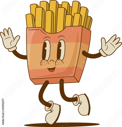 Retro cartoon happy french fries character. Vintage street food potato mascot vector illustration. Nostalgia