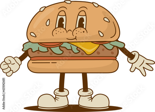 Retro cartoon funny burger character. Vintage street food hamburger mascot vector illustration. Nostalgia 60s, 70s, 80s