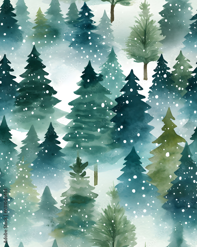 Watercolol seamless pattern with Christmas  tree 