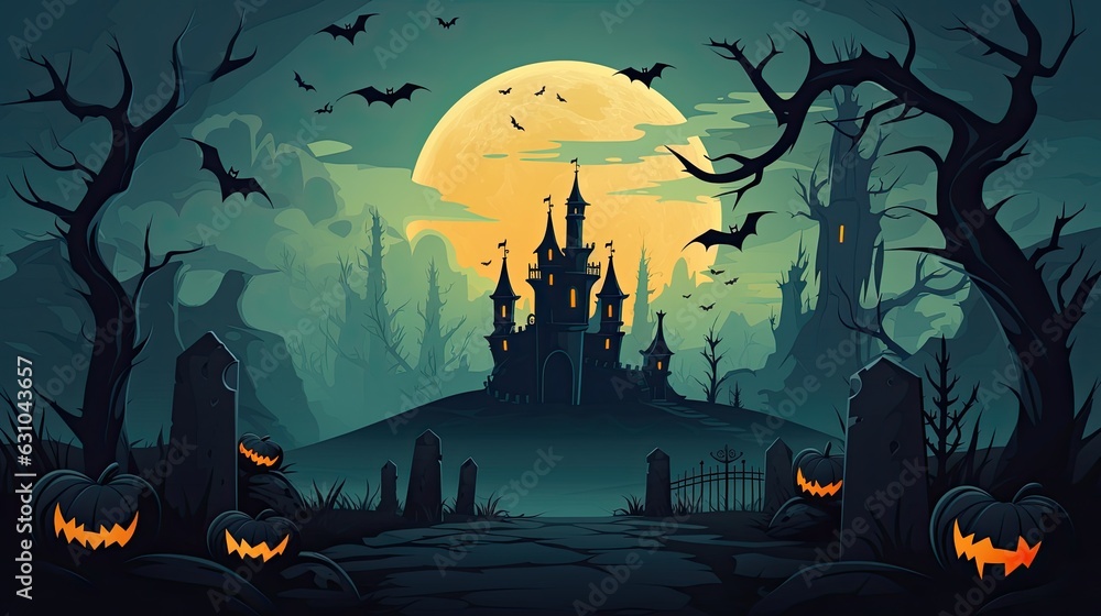 Halloween night background with scary castle and bats