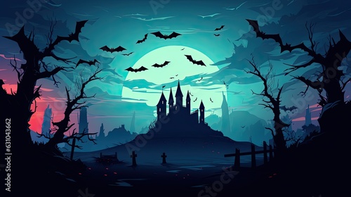 Halloween night background with scary castle and bats