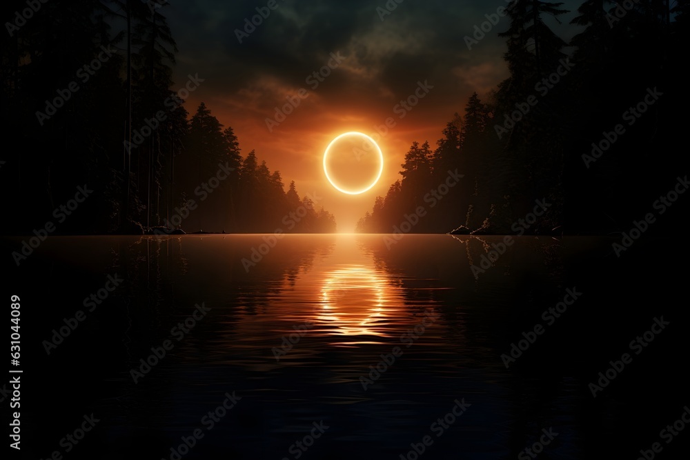 Lake's Mirror to the Cosmos: A Solar Eclipse Reflected on a Calm Lake, Surrounded by Dense Forest Lake's Mirror to the Cosmos: A Solar Eclipse Reflected on a Calm Lake, Surrounded by Dense Forest