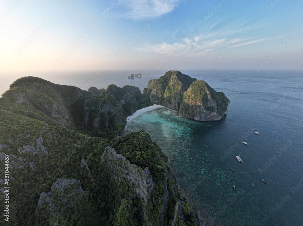 Drone picture of Maya Bay in Koh Phi Phi, Thailand.
