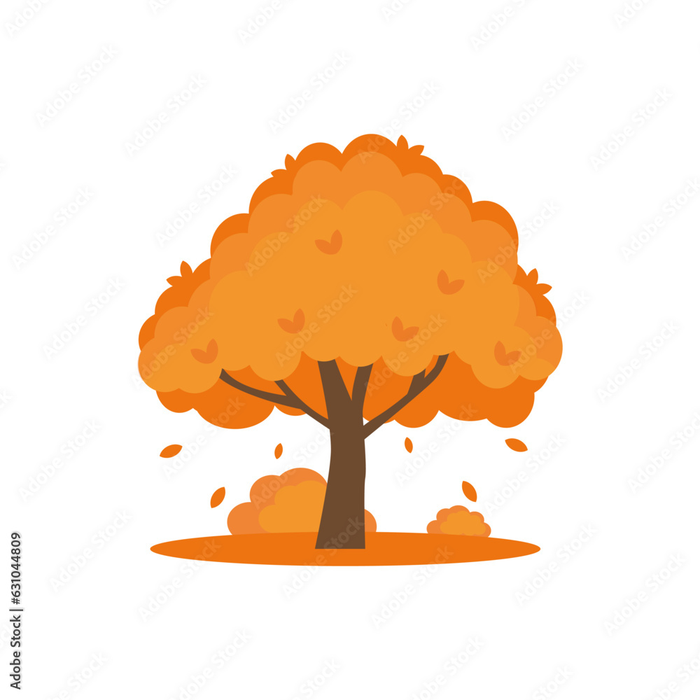 Colorful autumn trees. Cartoon yellow orange fall tree and autumnal garden bush