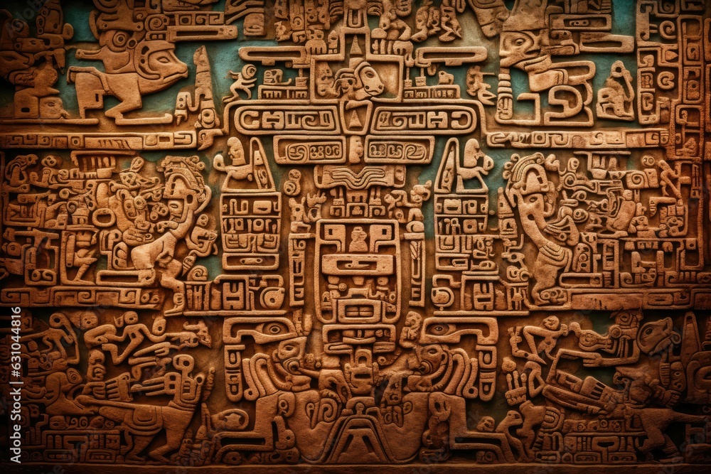 Ancient Mayan glyphs texture background, elaborate and symbolic hieroglyphics, historic and cultural backdrop, rare and archaeological - obrazy, fototapety, plakaty 