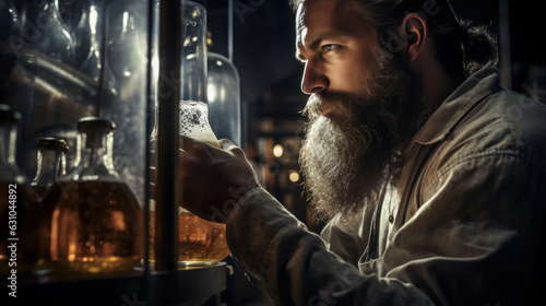 Close-up bearded brewery worker inspecting beer in a beaker