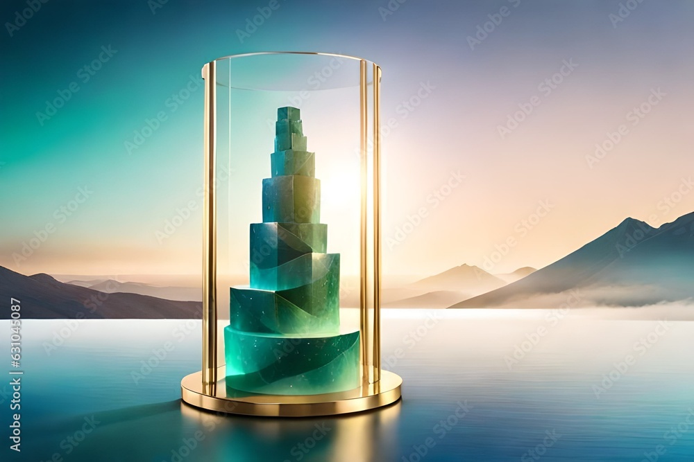 Showcase products with a crystal podium and an acrylic texture decorated in a colorful green ombre background. Transparent geometric stand for cosmetics. Showcase products with a crystal podium and an acrylic texture decorated in a colorful green ombre background. Transparent geometric stand for cosmetics.