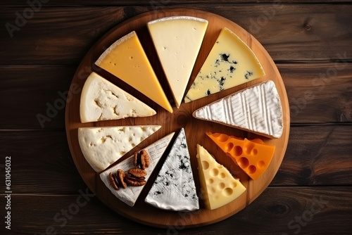 Top view with variety of fresh cheese products on a round wooden tray