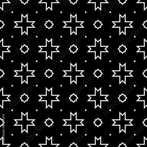 Seamless surface pattern design with Moroccan stars and crosses tiles ornament. Oriental traditional ornamentation with repeated geometric shapes. Ancient mosaic wallpaper. Grid motif. Digital paper.