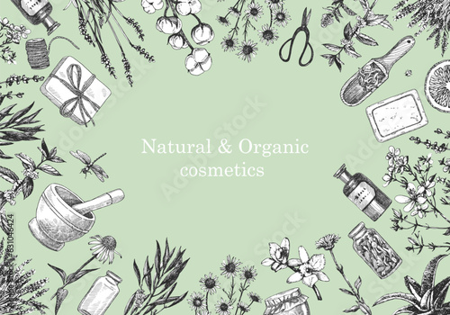 Natural and Organic Cosmetic. Herbs. Hand-drawn illustration of plants and objects. Ink. Vector
