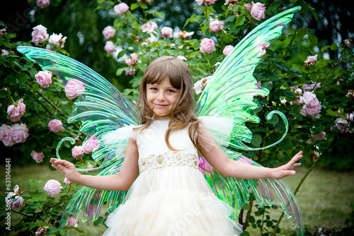 little beautiful girl in a fairy costume of butterfly with wings in princess dress having fun in roses garden on sunny summer day	