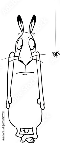 witziger Cartoon: Hase mit Phobie erstarrt vor Angst neben einer Spinne