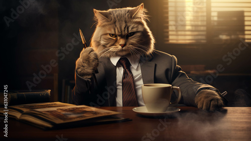 CAT HAVING A COFFEE IN THE OFFICE