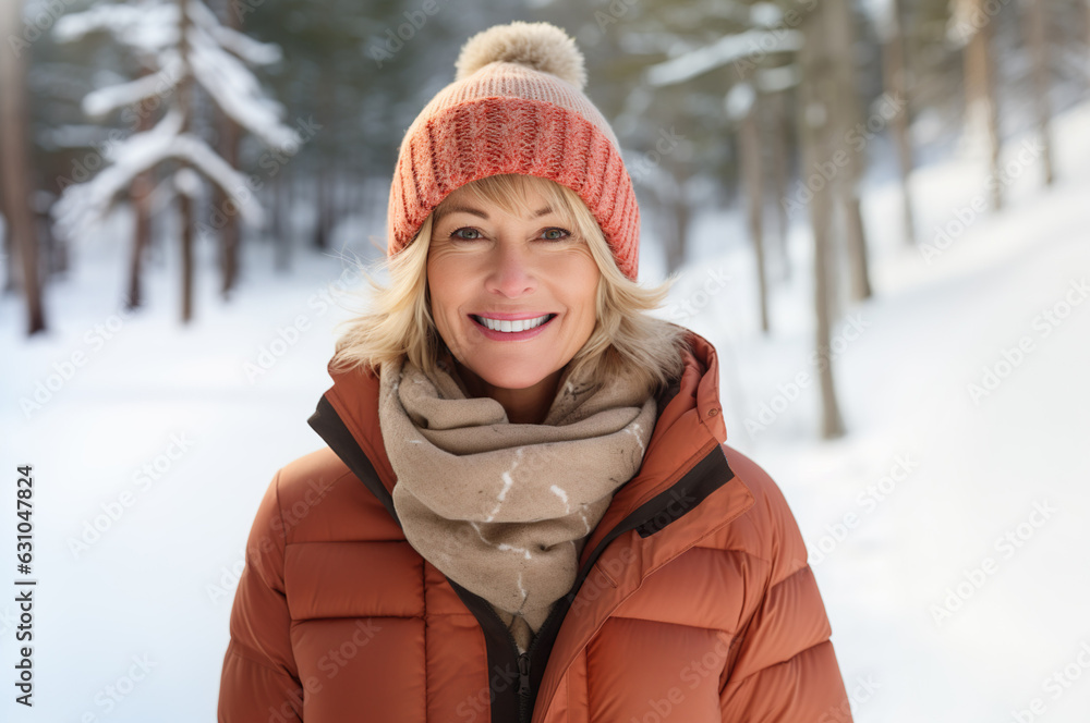 Obraz premium Ai generated image of happy mature senior woman on hiking in winter