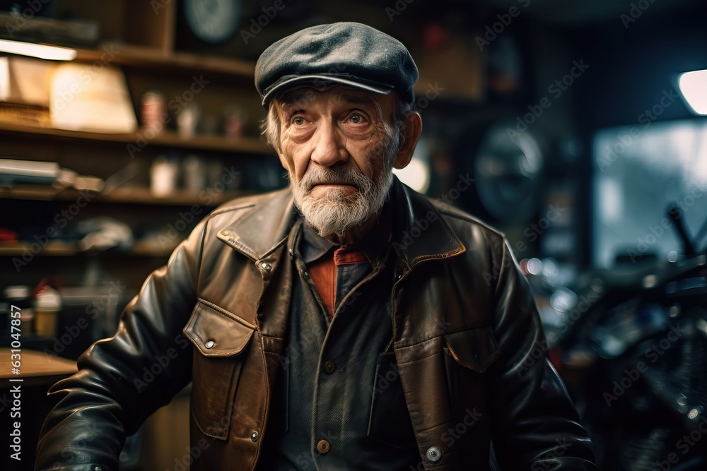 Portrait of an old man in a leather jacket and cap.