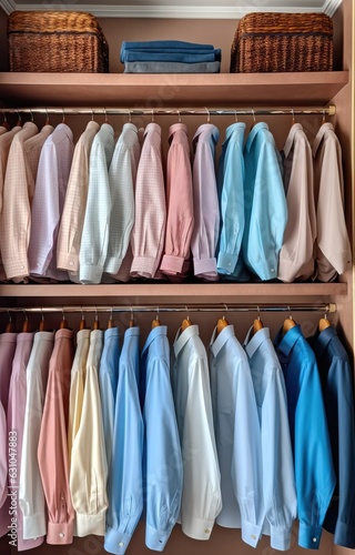 Men's shirts on hangers in the wardrobe.