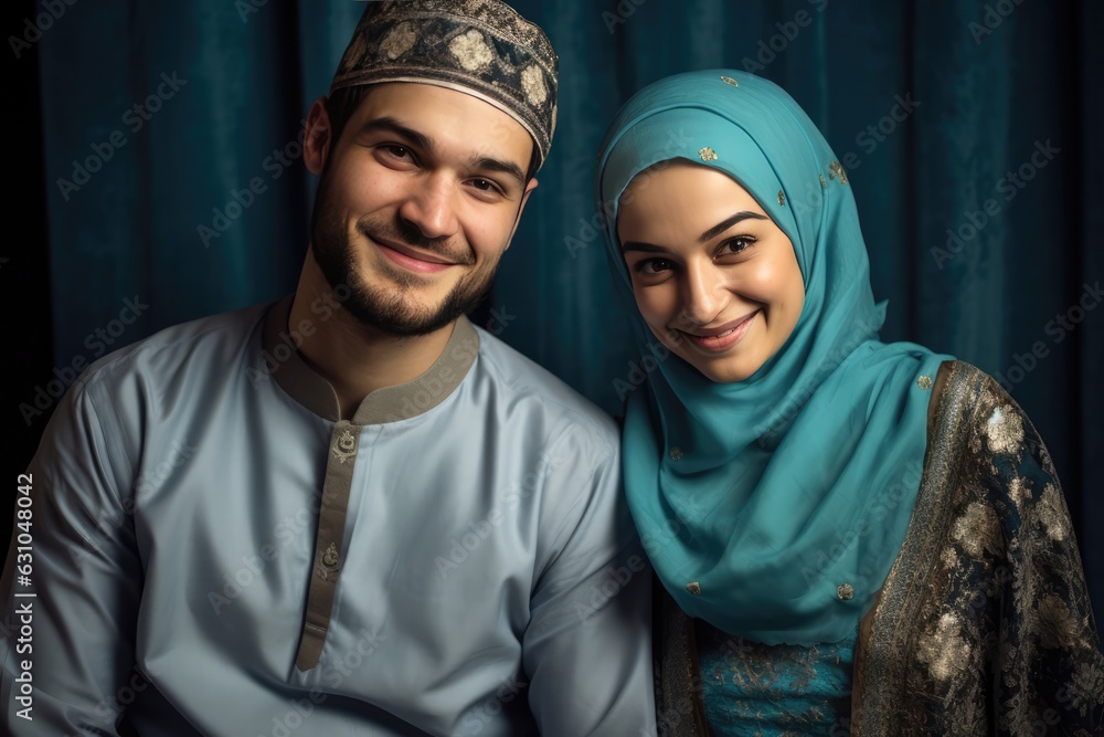 Muslim man and woman wearing headscarves, sitting together and smiling. Fictional Character Created By Generative AI.