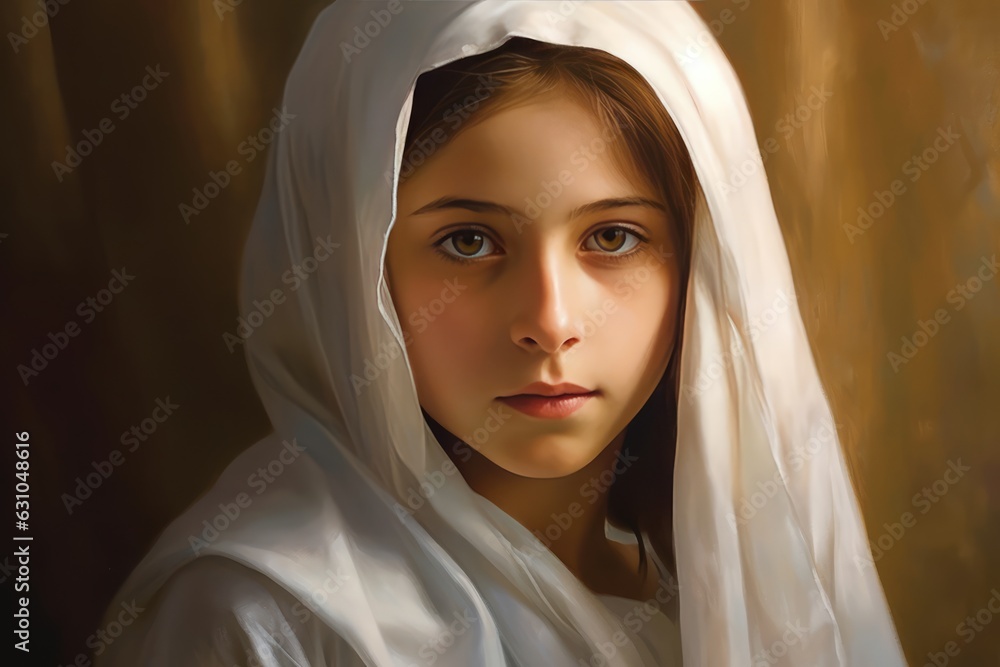 A woman wrapped in a white veil, depicted in a painting Fictional Character Created By Generative AI. A woman wrapped in a white veil, depicted in a painting Fictional Character Created By Generative AI.