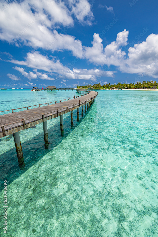 Amazing panorama blue sea seascape, sunshine sky clouds. Travel relax calm landscape of Maldives beach coast. Tropical island, luxury water villa resort wooden pier. Vacation destination tranquility