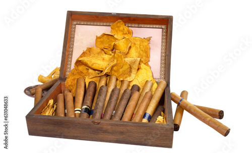 Cigars iwith Tobacco Leaves n a Box - Transparent PNG Background photo