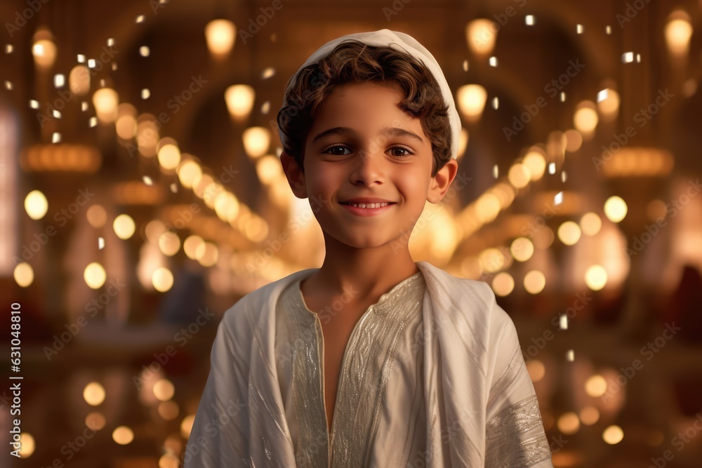 A young boy in a white jewish hat, smiling brightly Fictional Character Created By Generative AI. A young boy in a white jewish hat, smiling brightly Fictional Character Created By Generative AI.