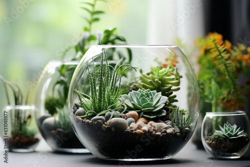 interior design, Mini succulent garden in glass terrarium on windowsill. created generative ai. photo