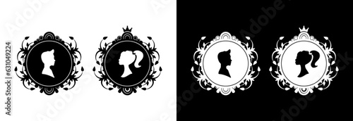 Silhouette of a man and a woman in a vintage frame in black and white colors.