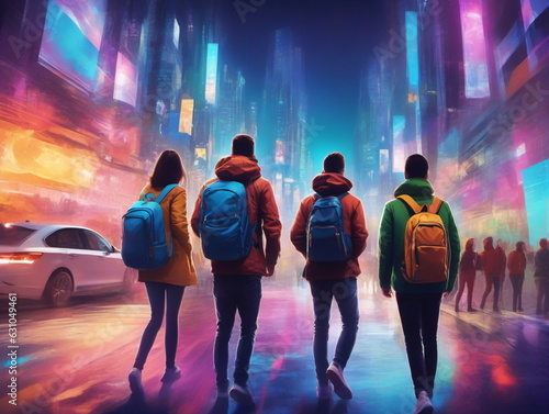 Eine Gruppe Jugendlicher läuft mit Rucksack auf dem Rücken durch eine pulsierende Stadt im Rahmen einer Jugend Städte Reise.