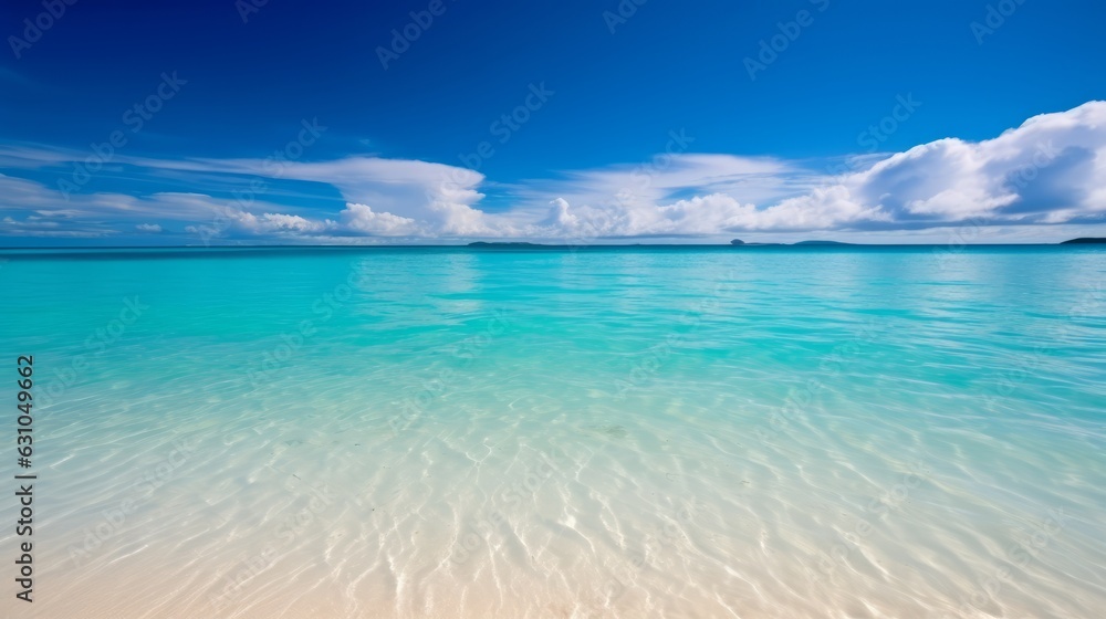 Photo of a beautiful beach with crystal clear blue water and fluffy white clouds in the sky created with Generative AI technology