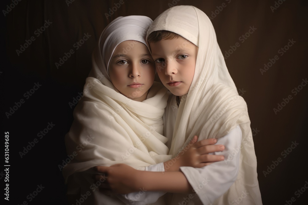 Two young boys in white tunics hugging each other Fictional Character Created By Generative AI. Two young boys in white tunics hugging each other Fictional Character Created By Generative AI.