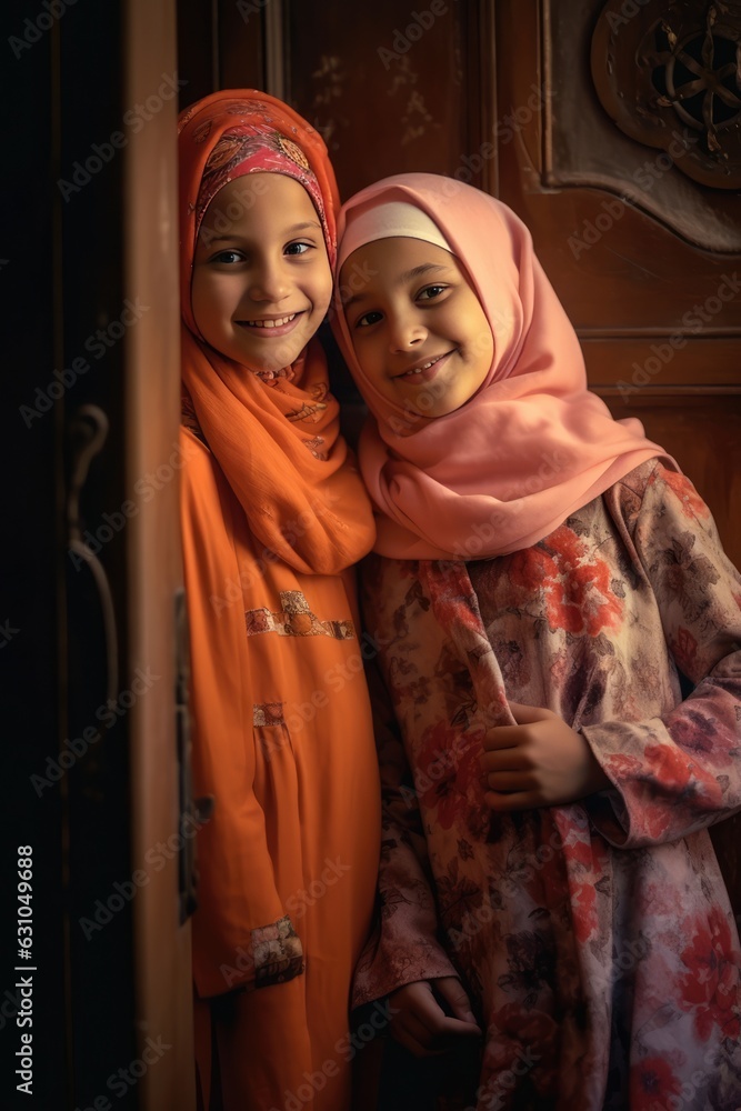 Two young girls wearing headscarves, standing and smiling near a door Fictional Character Created By Generative AI.