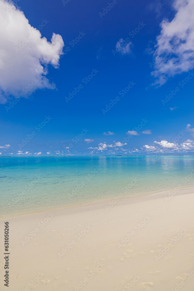 Fototapeta premium Tropical beach view. Closeup sea calm relax sea waves. Sunny blue sky clouds over seascape, white sand. Tranquil peaceful nature concept. Meditation inspiration Mediterranean coast panoramic landscape