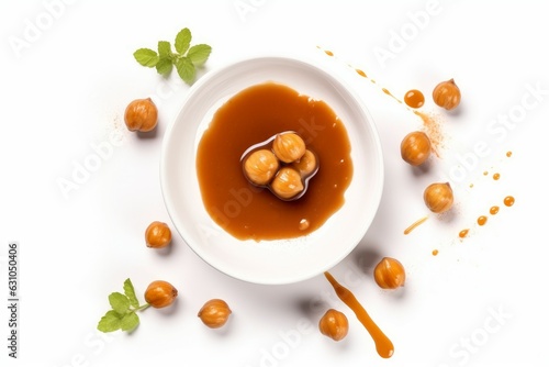Hazelnuts caramel sauce. Generate AI